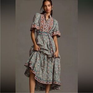 Sue Sartor Anthropologie Block Print Hamilton Dress in Teal/Brown